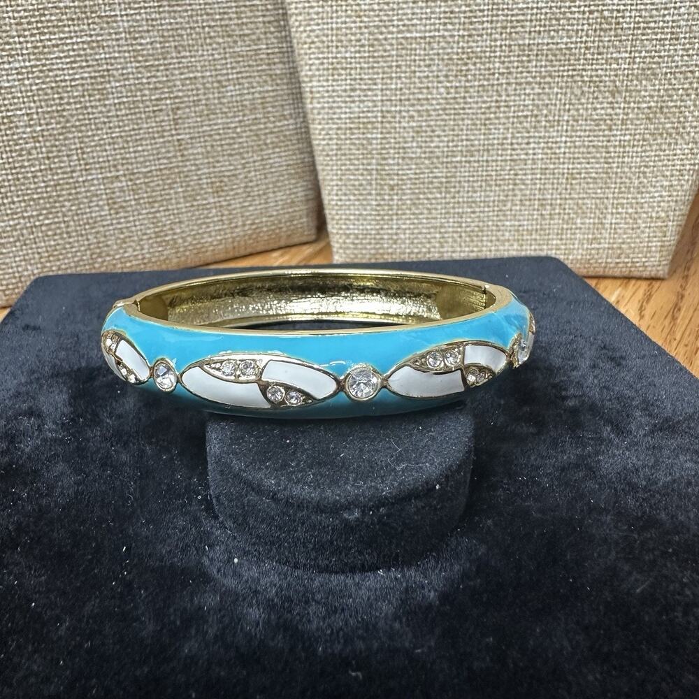 Sequin Nordstrom Teal Blue Gold Tone Statement Enamel Bangle Bracelet # 035